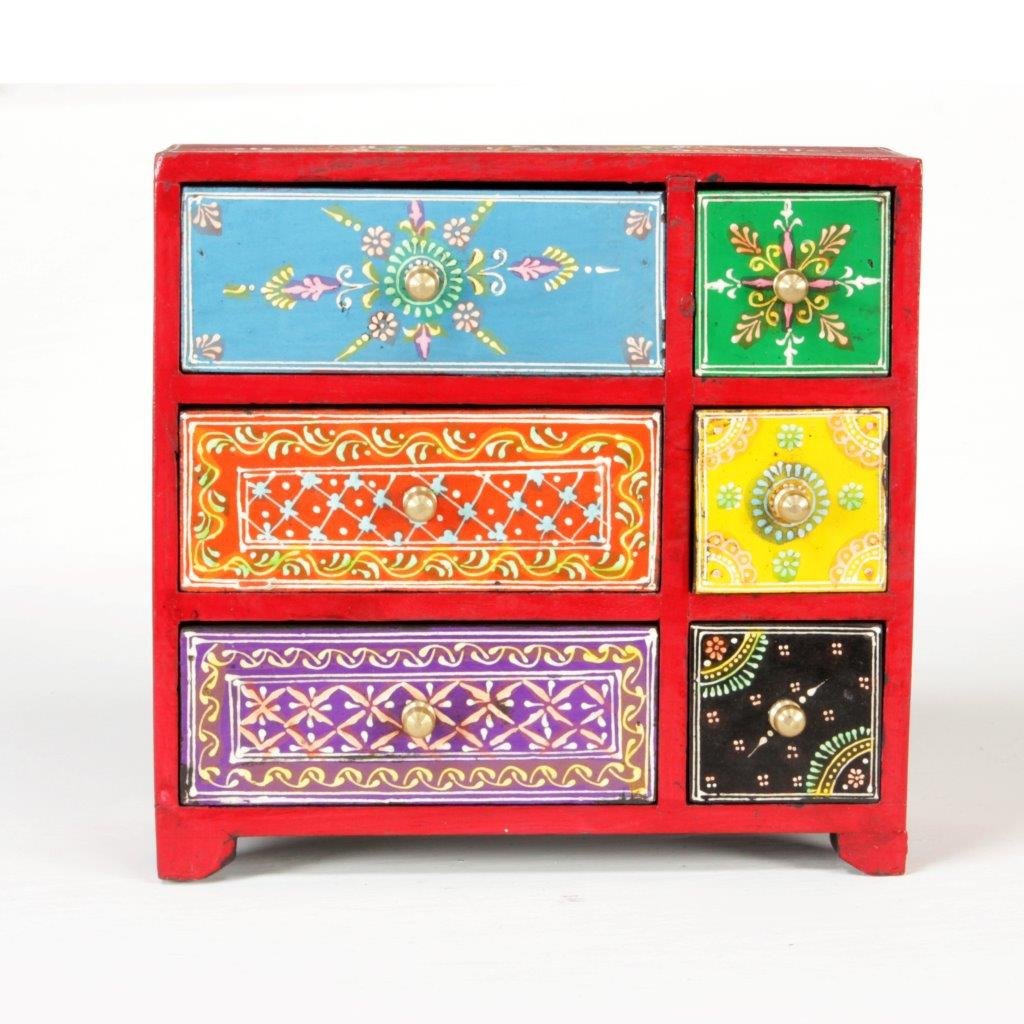 Universal Art Wooden Chest with 6 Drawers | Multi-Storage Antique Handpainted Ceramic Organizer/cabinet for Home, living room, Hall, Office| for Spices, Jewelry,Trinkets (Multicolor- 8.5×3.5×8.5 Inch)