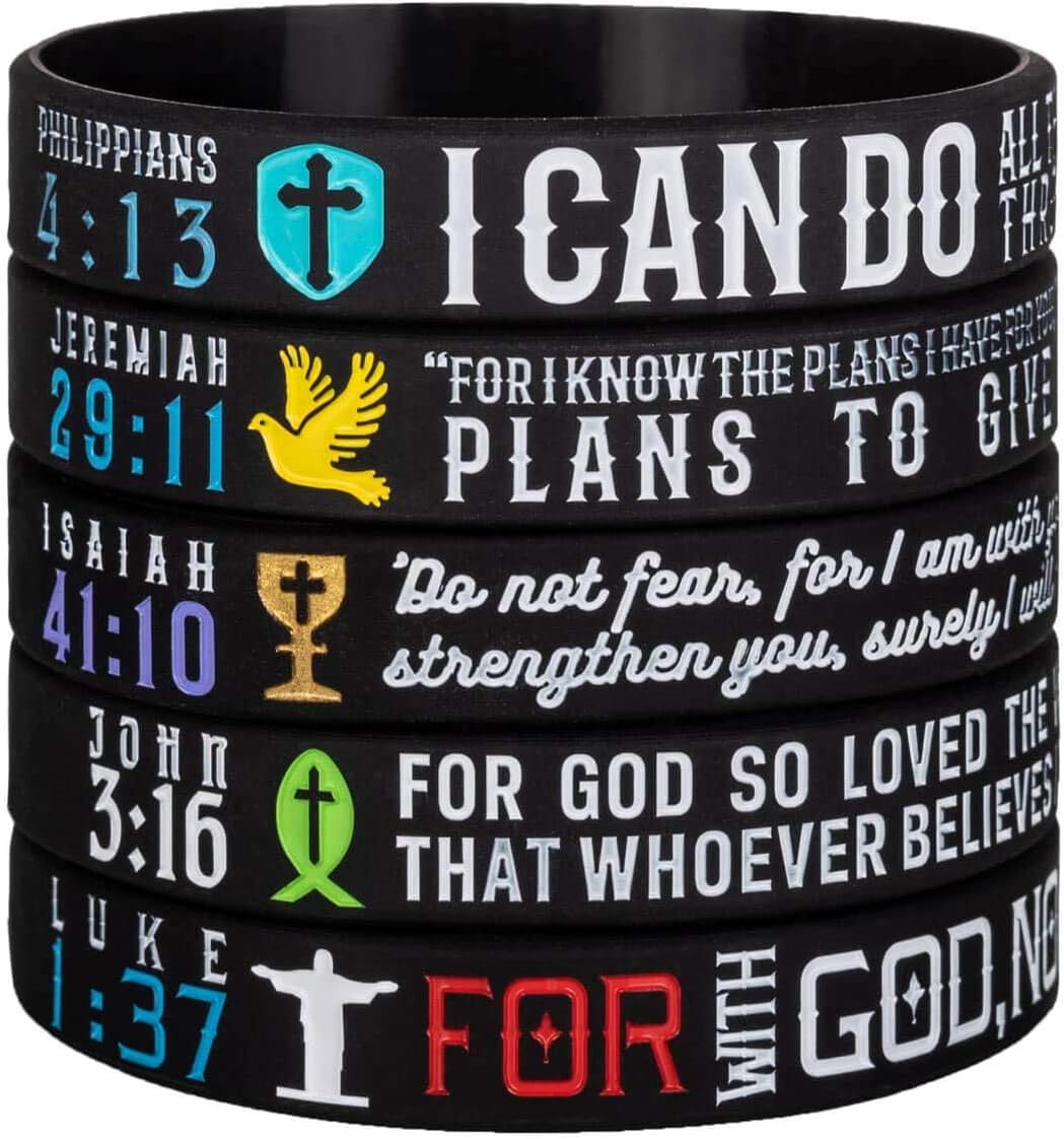 Sainstone 5-Pack Power of Faith Inspirational Bible Silicone Bracelets - Philippians 4:13, Jeremiah 29:11, Isaiah 41:10, John 3:16, Luke 1:37 - Religious Wristbands Gifts for Party Favors