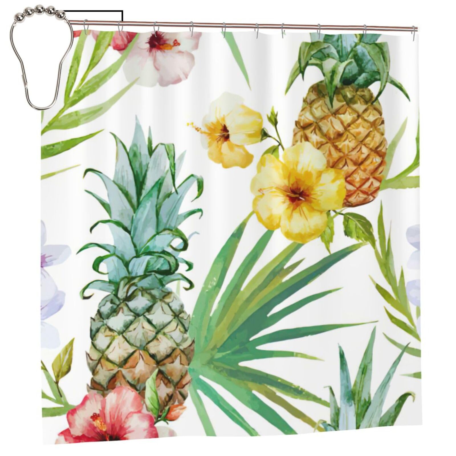 Rideau de douche ananas 183x183cm en polyester imprimé tropical pour salle de bain
