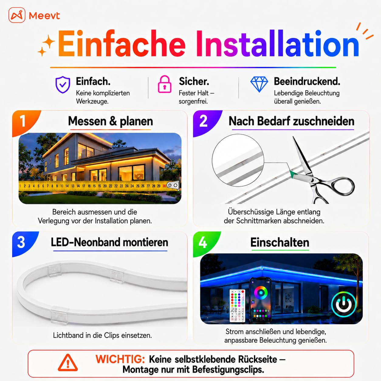 Meevt RGB Neon LED Strip 20m, 24V LED Streifen für Outdoor und Innenbereich | 72 LEDs/m, IP65, Weiches Silikonmaterial, 120° Seitenbeleuchtung, App und Fernbedienung, Musik Sync, Terrasse Garten Deko