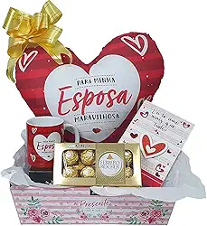 Presente De Namorada e Esposa Dias dos Namorados Kit de Presente Com Almofada Caneca Cartão e Chocolate Ferrero Rocher T8 com 8 Bombons Presente Para Esposa Ou Super Namorada (Kit-Esposa)