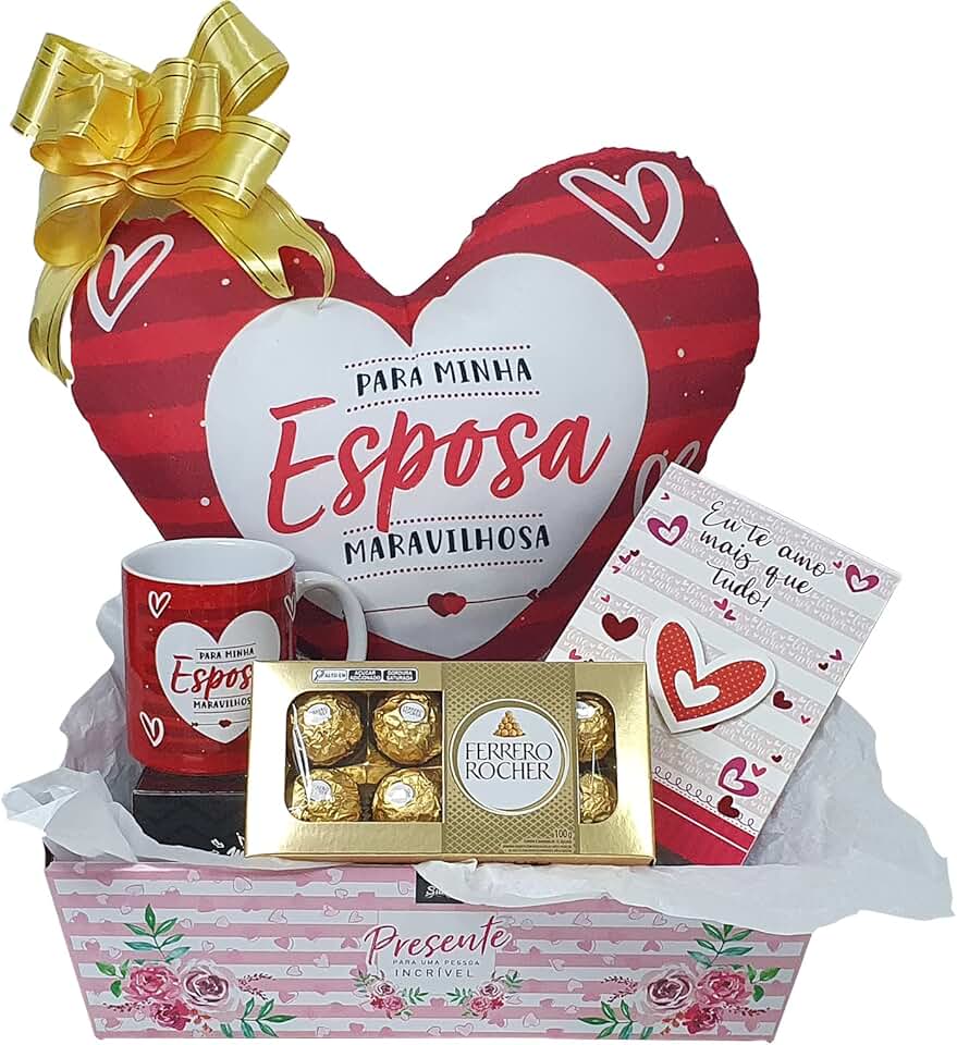 Presente De Namorada e Esposa Dias dos Namorados Kit de Presente Com Almofada Caneca Cartão e Chocolate Ferrero Rocher T8 com 8 Bombons Presente Para Esposa Ou Super Namorada (Kit-Esposa)
