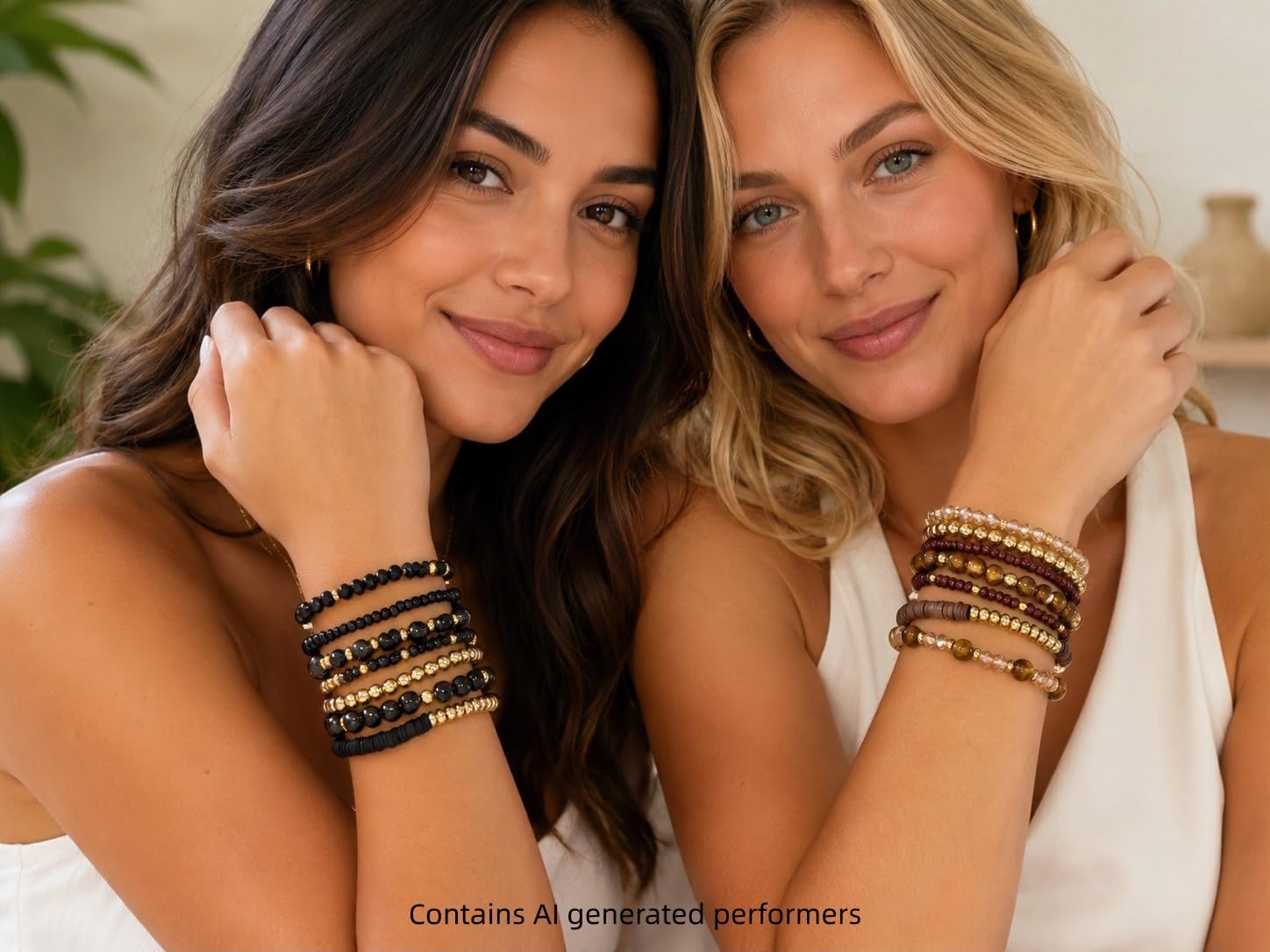 4 Sets Boho Stackable Beaded Stretch Bracelets for Women, Multi Layer Gold Accent Heishi Bead Bracelet Pack, Neutral Brown Black White Layering Elastic Stack Bracelet Set Western Bohemian Jewelry Gift