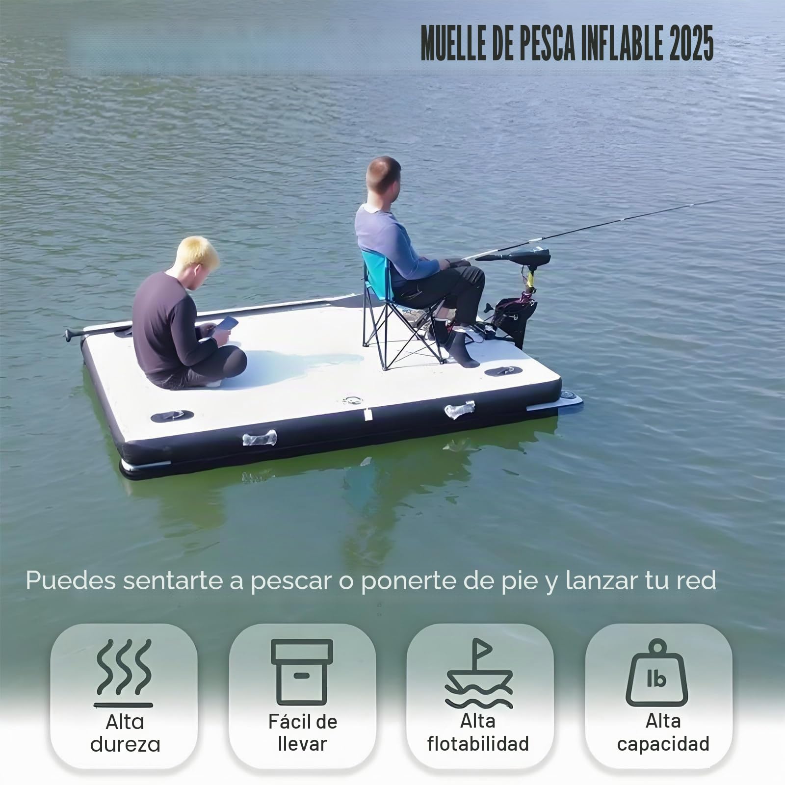 Pontón flotante inflable de alta capacidad 200 kg espesor 30 cm con hélices para pesca y actividades acuáticas al aire libre