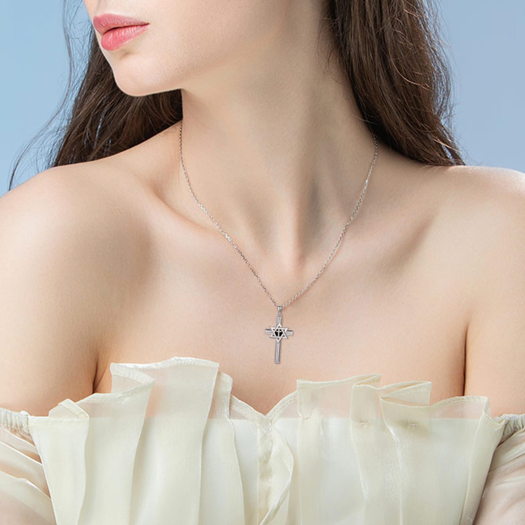 YAFEINI Collier en argent sterling avec pendentif en forme de croix et étoile de David - Bijou religieux judéo pour homme et femme, Argent