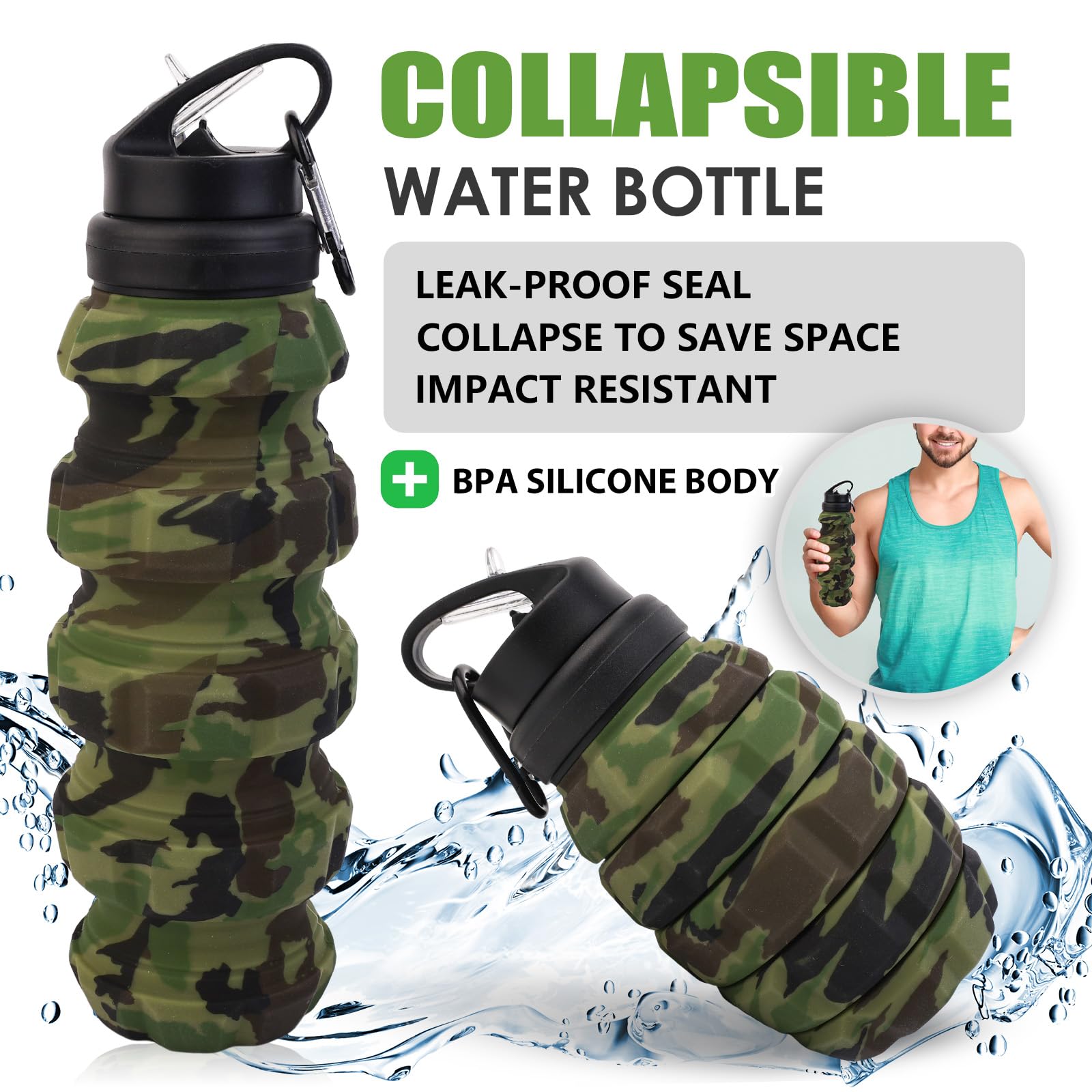 Faltbare Reise-Wasserflasche, wiederverwendbare Silikon-Wasserflaschen für Fitnessstudio, Camping, Wandern, tragbar, auslaufsicher, Sport-Wasserflasche, Armee-Camouflage-Flasche mit (Grün)