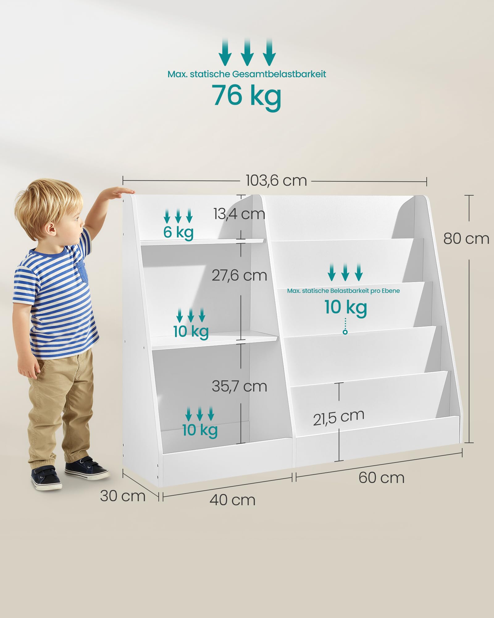 SONGMICS Custos Kollektion - Bücherregal Kinder, Spielzeugregal, Kinderregal, Montessori Regal mit 5 Ebenen, Kinderzimmer-Regal, für Leseecke, 30 x 103,6 x 80 cm, wolkenweiß GKR077WZ01