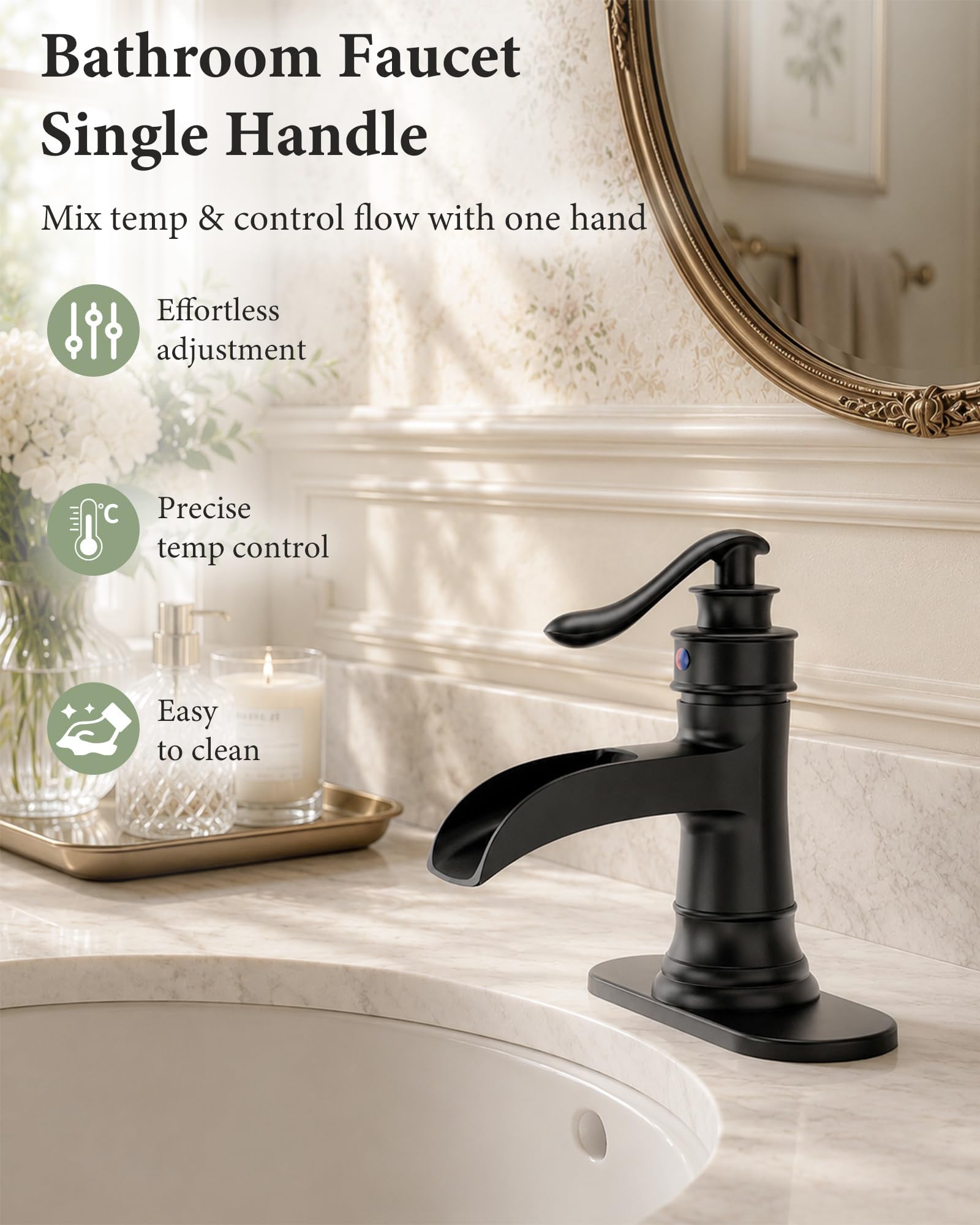 Rubinetto da bagno nero opaco a cascata Lavabo da fattoria Vanity Rubinetti a foro singolo Bacino con una maniglia Centro antico con tappo di scarico pop-up Miscelatore Rubinetto trabocco Linea di