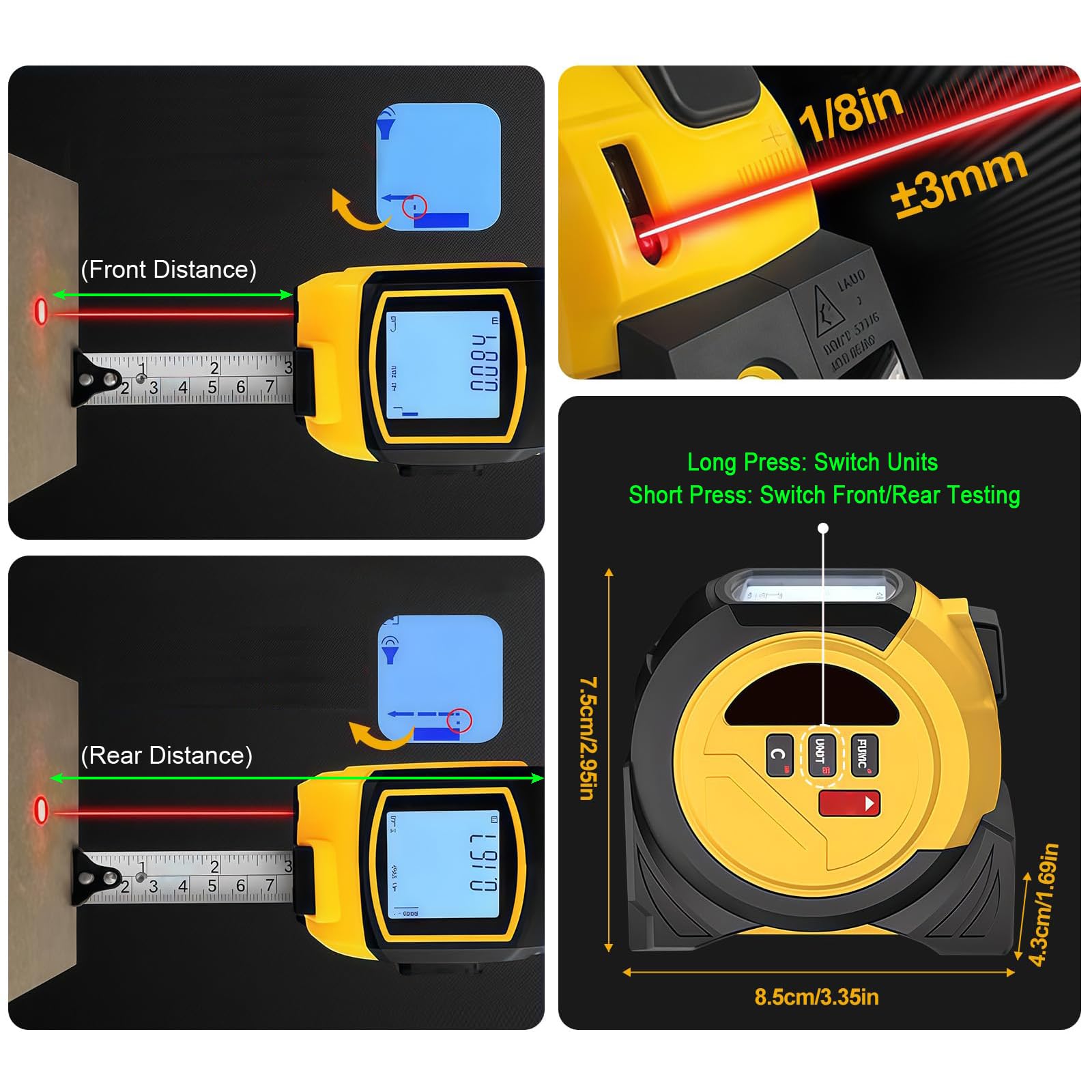 Misuratore Laser 3 In 1, 60 M Telemetro Laser Digitale, Misuratore di Distanza (Unità: M/In/Ft), Metro A Nastro da 5 M + Proiettore A Croce Rossa, per La Lavorazione Del Legno E L'Edilizia