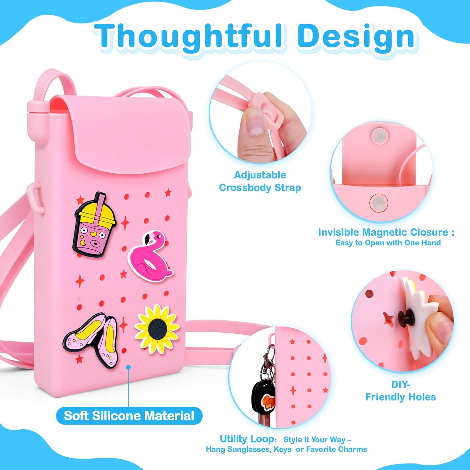 Silicone Crossbody Phone Purse with Adjustable Shoulder Strap, Magnetic Closure, DIY Holes with 15 Charms – Stylish Everyday Cell Phone Bag for Women - Image 4