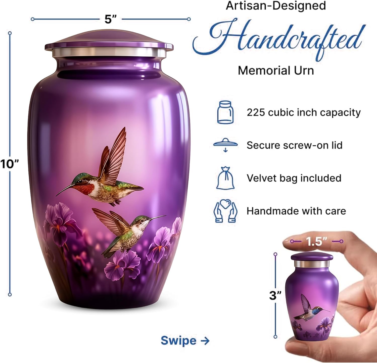 Set of 6 Hummingbird Cremation Urns for Human Ashes Adult Female & Male, Purple Decorative Funeral Urn for Women & Men with 1 Large Urn, 4 Small Keepsakes & 1 Silver NecklaceUrn
