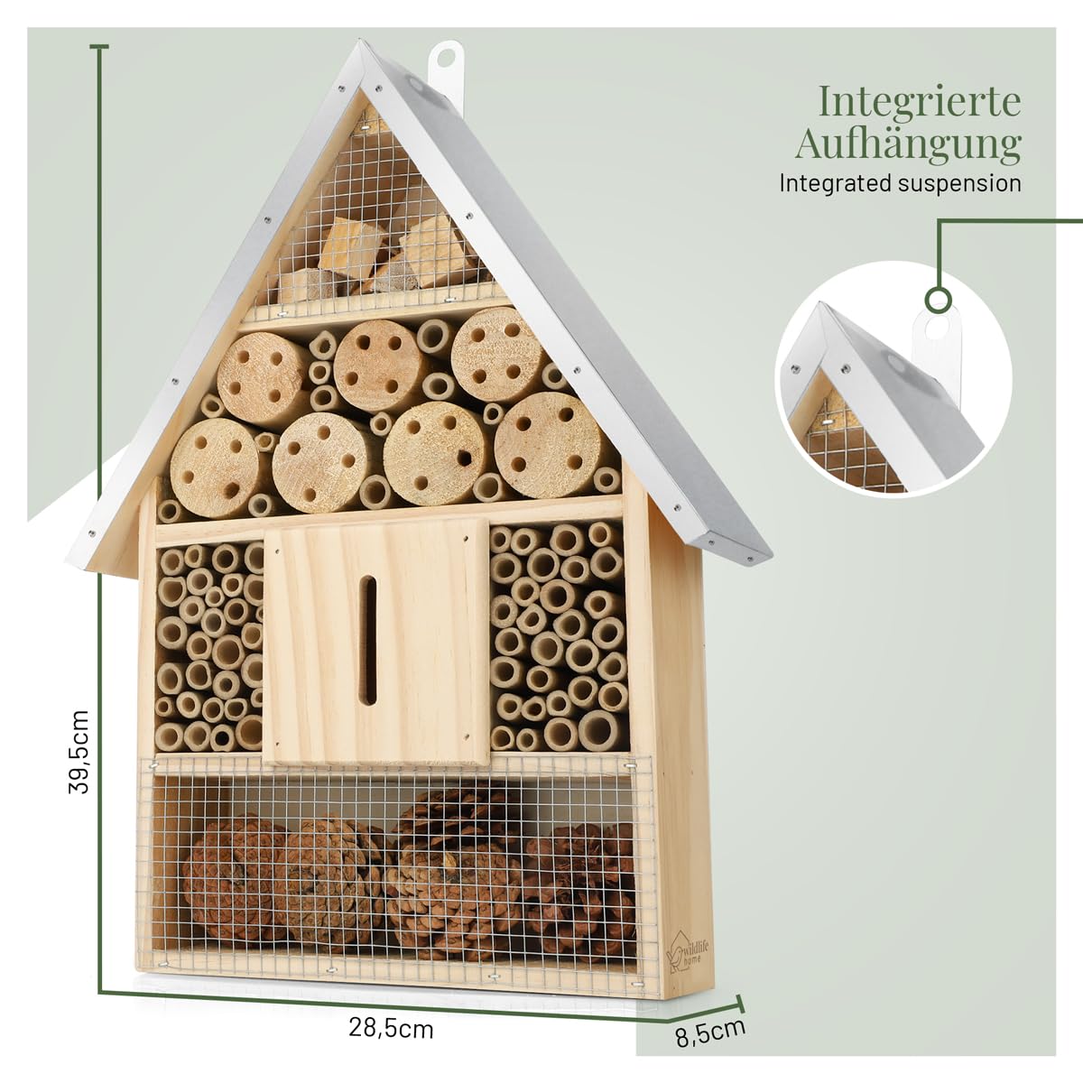 WILDLIFE HOME Grande hotel per insetti – naturale e resistente alle intemperie, casetta per insetti in legno naturale per api, api selvatiche, coccinelle e farfalle, hotel per api e nido da appendere
