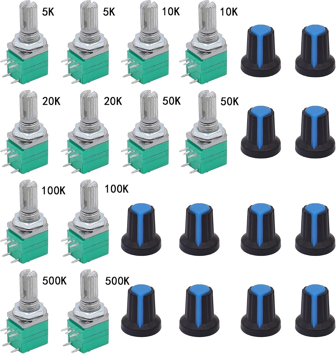 TWTADE 12Pcs Single Linear Rotary Seal Amplifier Potentiometers Type with Switch 5k,10K,20K,50K,100K,500K（Each 2）Ohm Knurled Shaft 5Pin RK097N-5-5k-500k