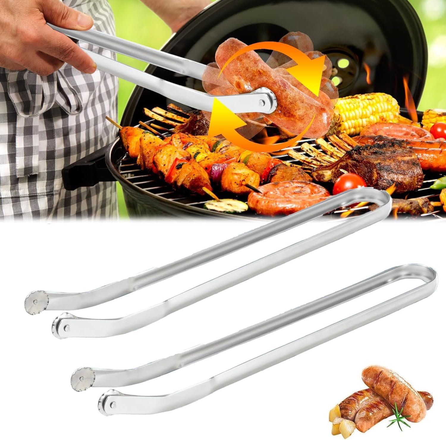 BBQ Sausage Turning Tongs for Cooking - 2 Pack Stainless Steel BBQ Kitchen Tongs - Long Handle Kitchen Tongs for Turning Bacon Steak Meat Vegetables, 15INCH, Silver, RGJ2PC