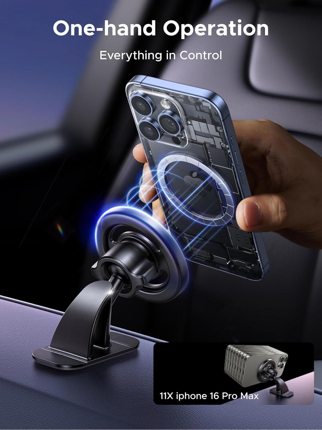 Hand attaching a phone to the UGREEN magnetic car mount