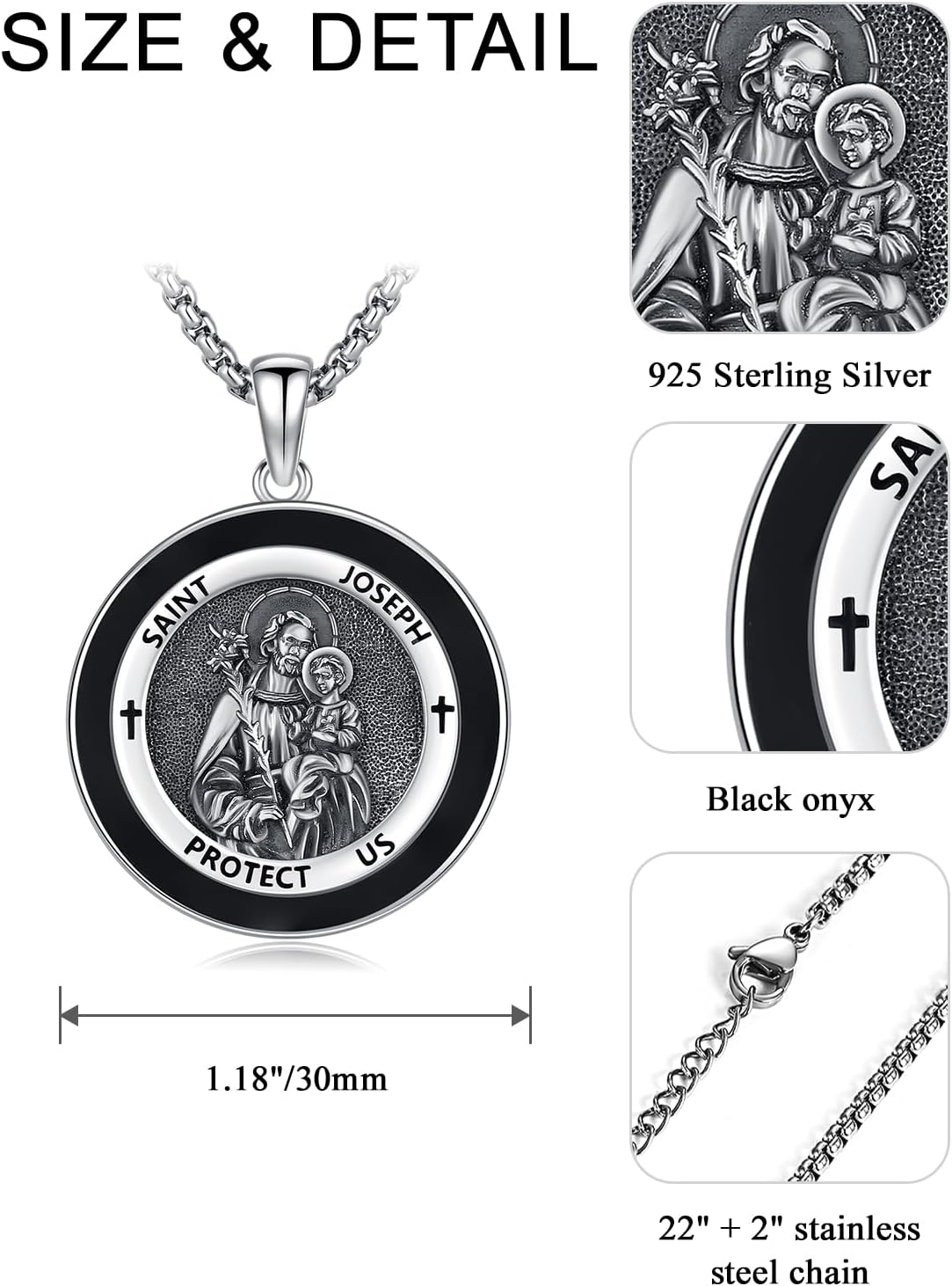 925 Sterling Silver Patron Saint Medals Amulet Protection Pandent Necklace Cross Faith Jewelry for Men(2.5mm 22"+2" Rolo Chain) - Image 2