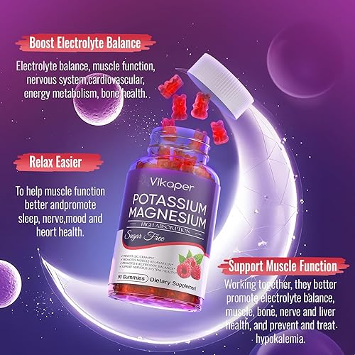 Miniatura 3 de Gomitas de potasio y magnesio de 1200 mg para adultos, suplemento de glicinato de magnesio de alta absorción sin azúcar, soporta calambres en las