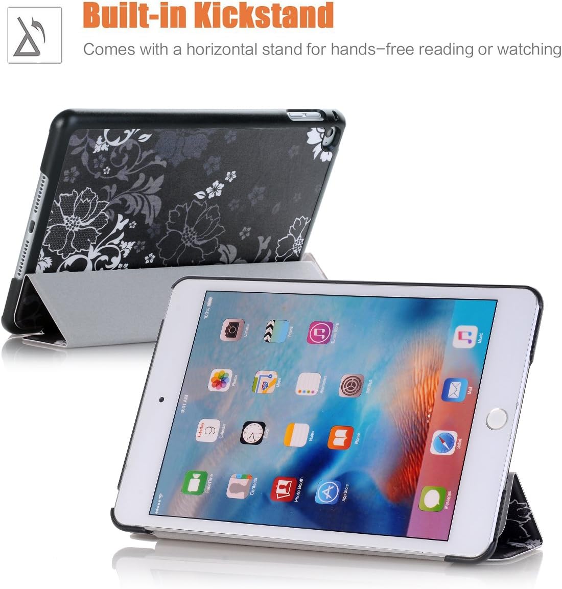 iPad Mini 4 Case, Hocase PU Leather Smart Case w/Cute Floral Print, Auto Sleep/Wake Feature, Microfiber Lining Hard Back Cover for iPad Model A1538/A1550 (2015) - Black/White Flowers