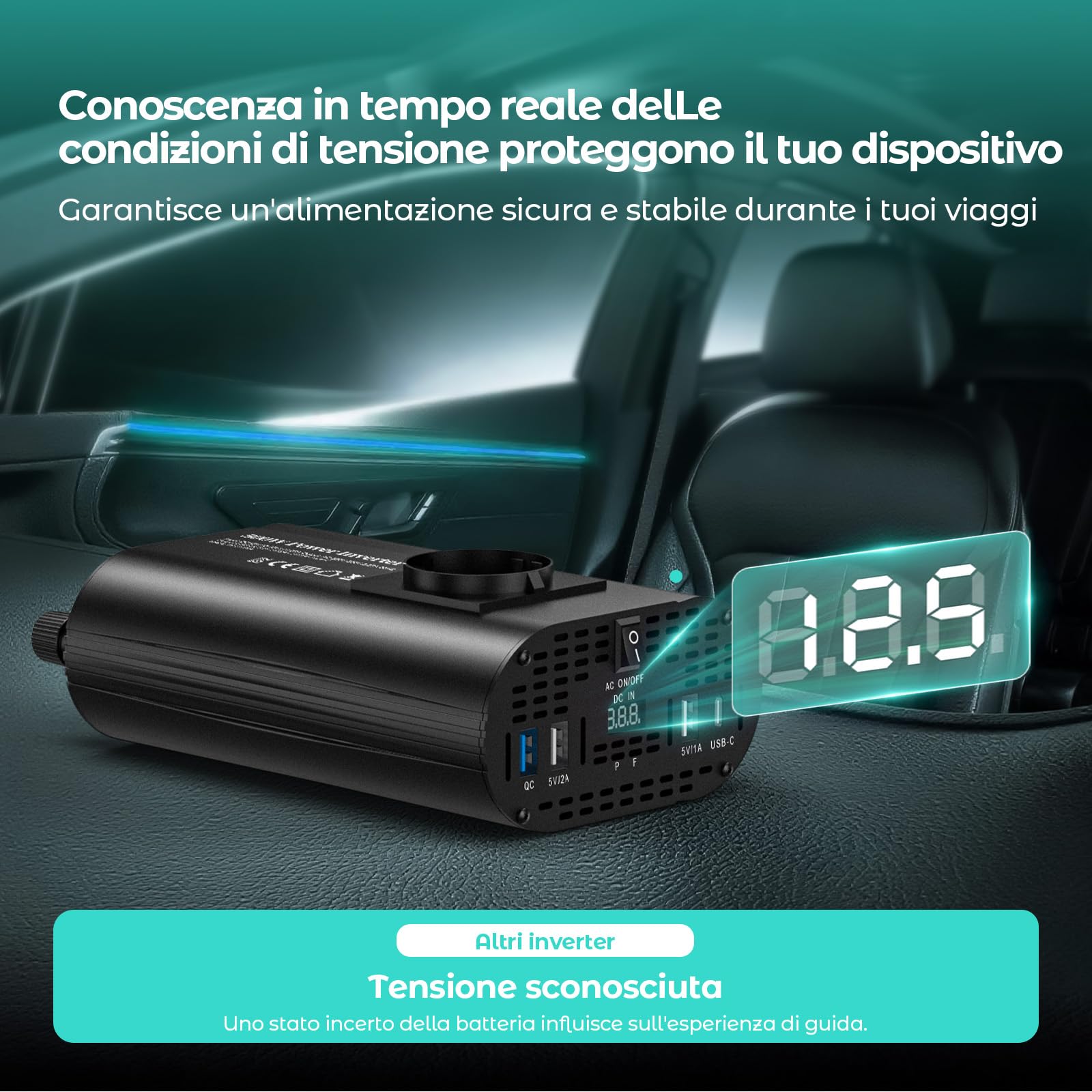 500W inverter 12v 220v, inverter auto con 1 presa, tipo C 30W, ricarica rapida USB 25W, 3 porte USB, display LED