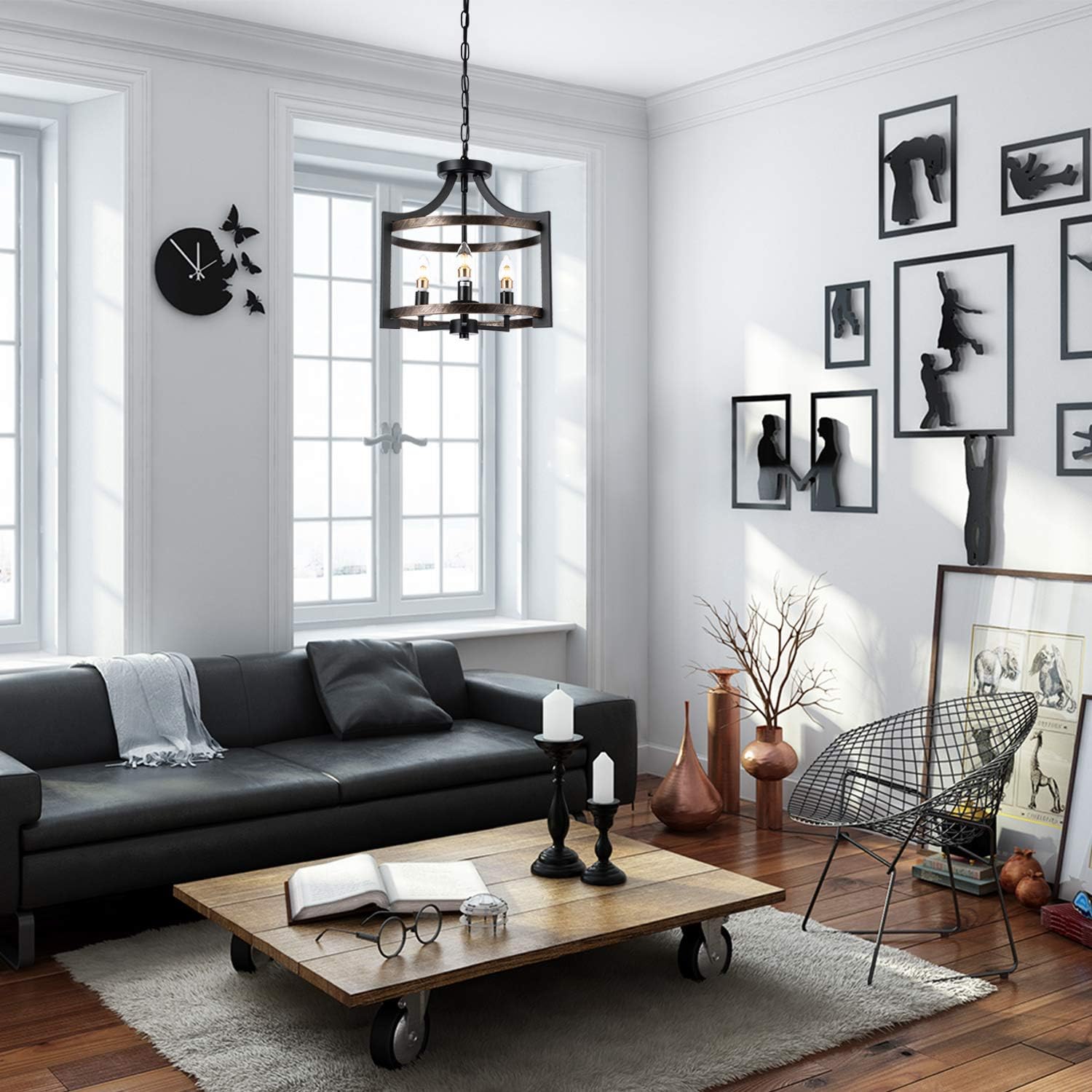 LIGHTDAMY Farmhouse Drum Pendant Light 3-Lights Vintage Kitchen Island Ceiling Light Fixture Retro Metal Adjustable Hanging Lamp, 15 Inch, Black and Wood Paint - - 