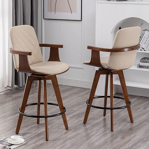 Counter Stools Set of 2, Upholstered Faux Leather Counter Height Bar Stools, Swivel Counter Chairs with Wooden Arms and Legs(Beige, 26" Seat Height)