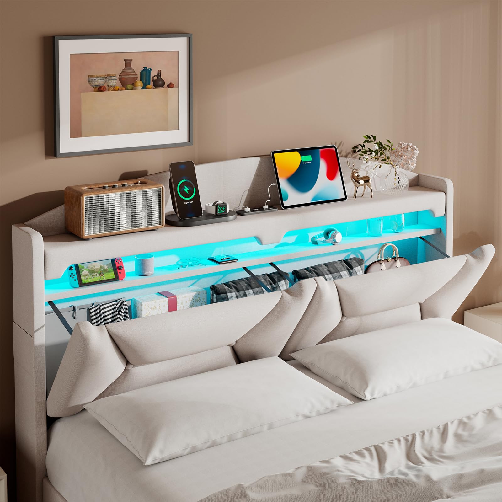 Letto Matrimoniale con Contenitore 140x200 cm, Letti Matrimoniali con LED, USB e Type-C, Letto Contenitore Idraulico, Letti Matrimoniali con Doghe, Beige Lino, Senza Materasso