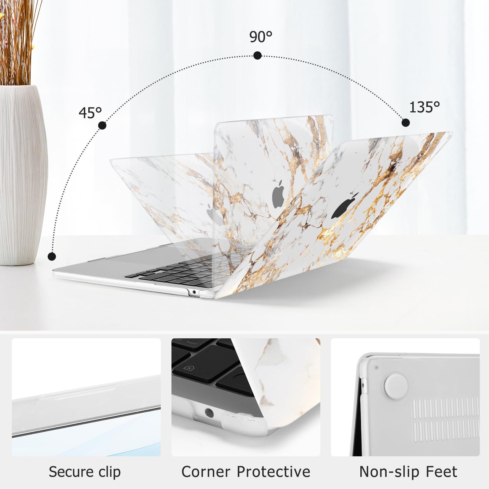 MOSISO Compatible with MacBook Air 13 inch Case 2025 2024 2023 2022 M4 A3240 M3 A3113 M2 A2681, Plastic Hard Shell&Keyboard Cover&Screen Film for MacBook Air 13.6 inch Case, Artistic Gold Marble