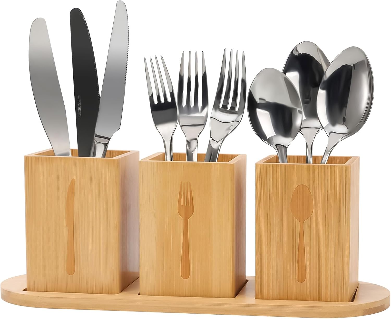 Tefola 3Pcs Silverware Caddy for Patry, Utensil Holder for Countertop, Silverware Holder Flatware Organizers with tray, Portable Organizer with Wood Tray, Spoon and Fork Holder (Bamboo wood)
