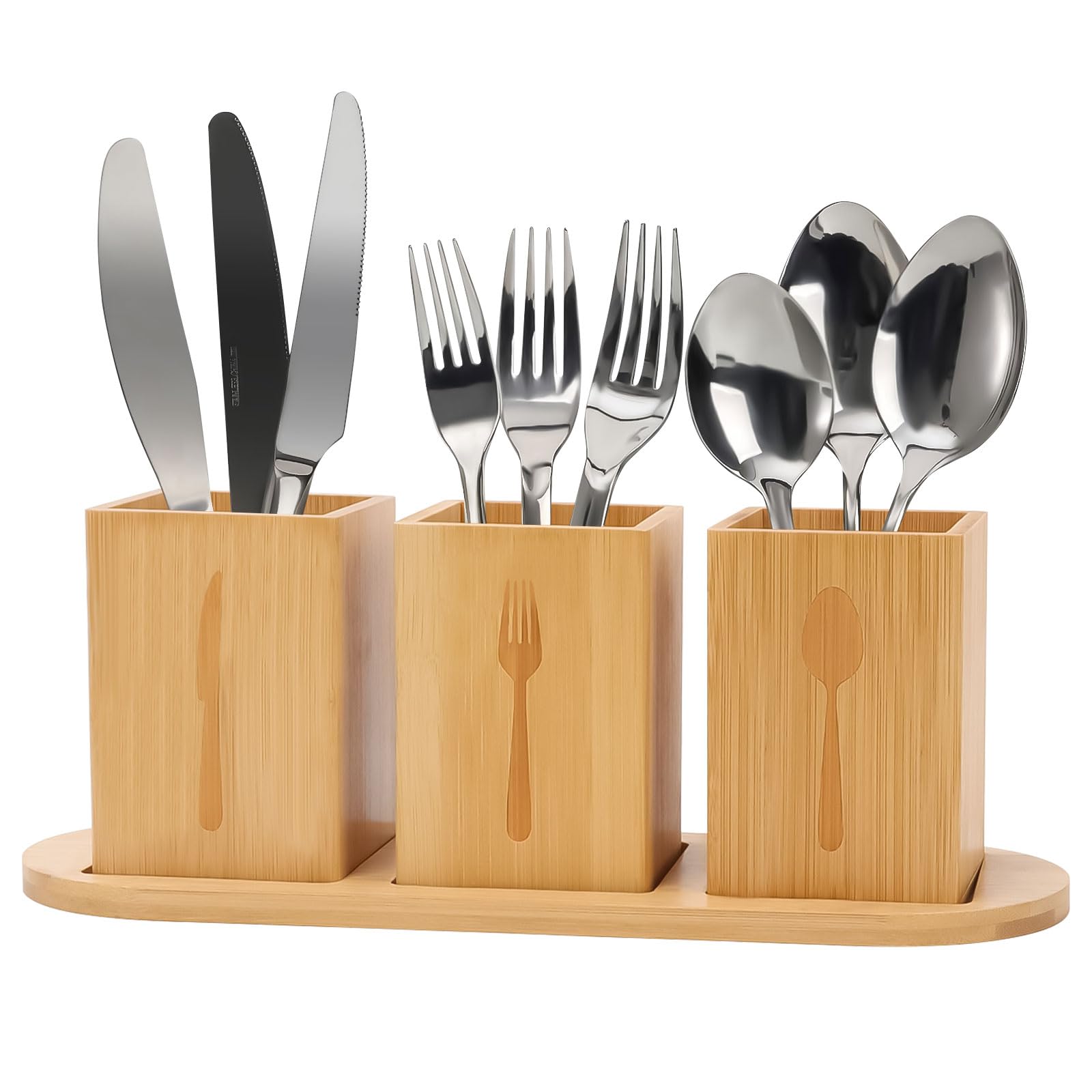 Ruaizel Retro Wooden Cutlery Rack, Wooden Utensil Holder with 3 Compartment, Cutlery Holder for Knife, Fork and Spoon (Light brown)
