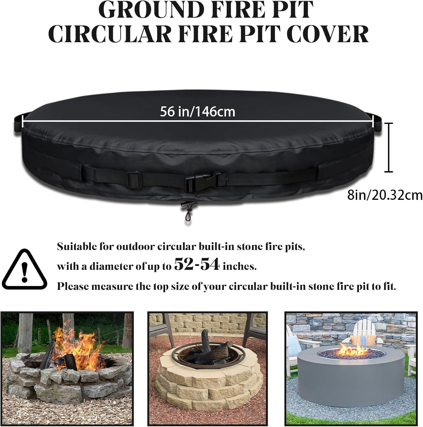 51-74.8" Round Fire Pit Cover Heavy Duty 600D Oxford Waterproof Outdoor Firepit Cover with Adjustable Buckle Strap for In-Ground Built-In Stone/Gas Fire Pits (BLACK, 56”)