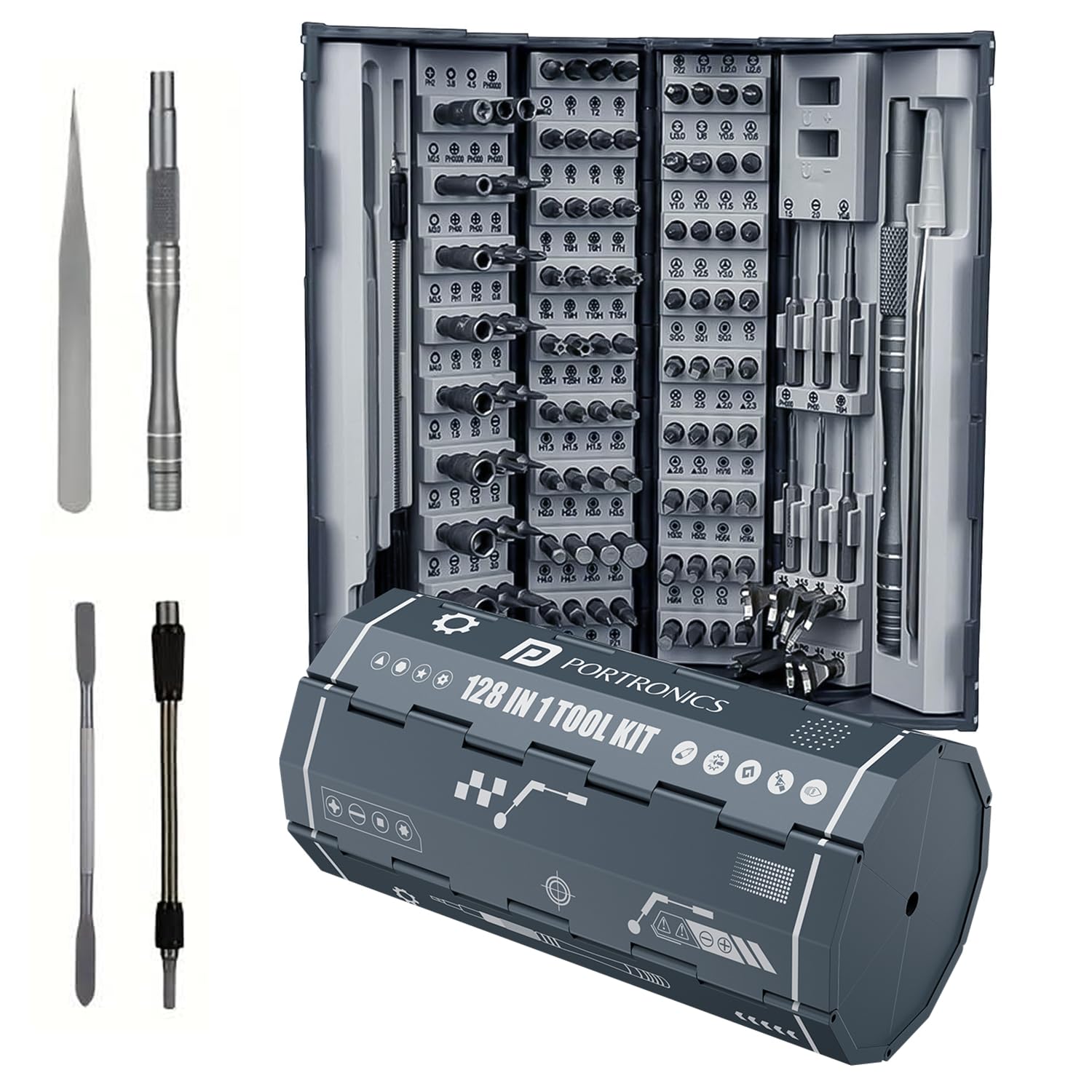 Portronics Bit Box 2, 128-in-1 Screwdriver Kit with Phillips, Flathead, Torx, Pentalobe, Wrench Bits, Flexible Shaft, Tweezer, Spudger & Magnetic Handle for Laptop, Mobile, Electronics Repair (Grey)-image-31