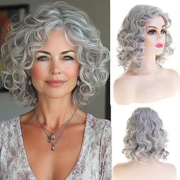 Short Grey Wavy Wigs for Women Gray Shoulder Length Curly Bob Wig Synthetic Side Part Anime Cosplay Costume Hair