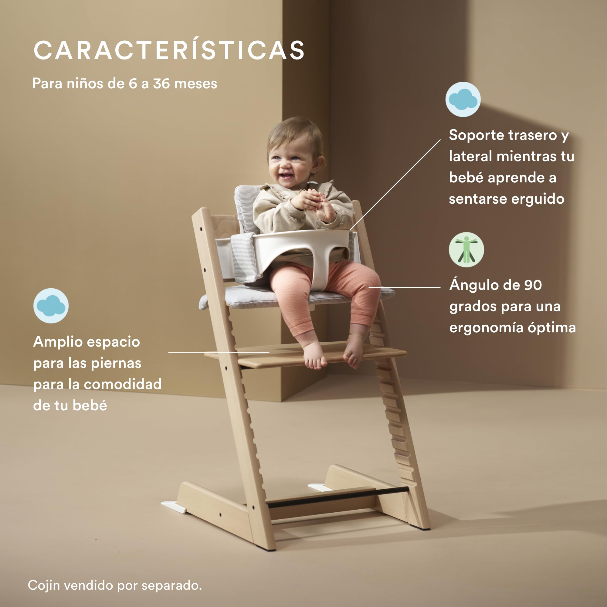 Trona Tripp Trapp de Stokke (Natural) Con Bandeja (Blanco) - Incluye Silla, Baby Set 2 Para Niños de 6 a 36 Meses - Ajustable y Fácil de Limpiar