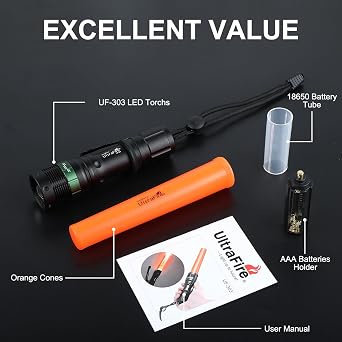 ULTRAFIRE UF-303 250-Lumen LED Traffic Wand Flashlight, 11-Inch, 1 Pack