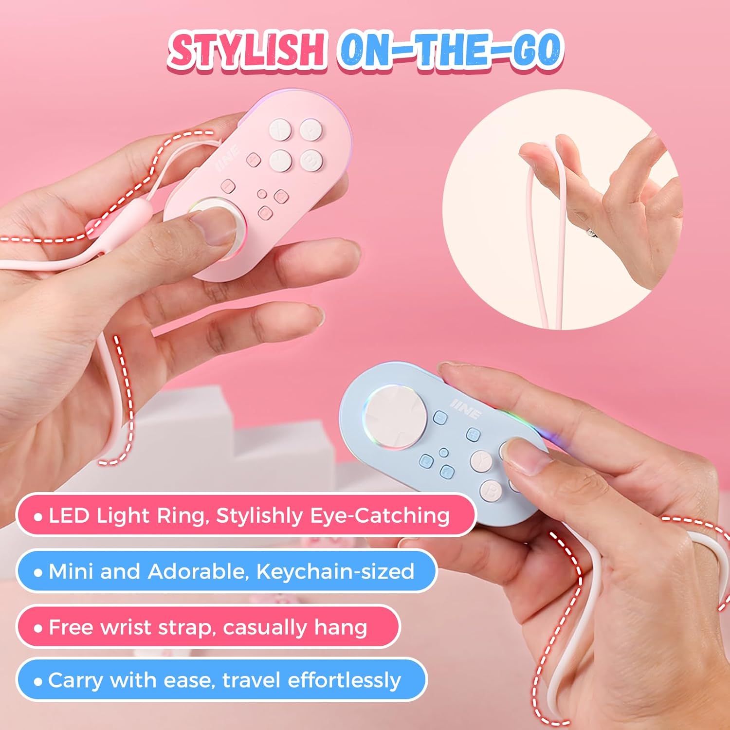 Two IINE Micro Bluetooth Controllers, one pink and one blue, highlighting their LED light ring, keychain size, and wrist strap.