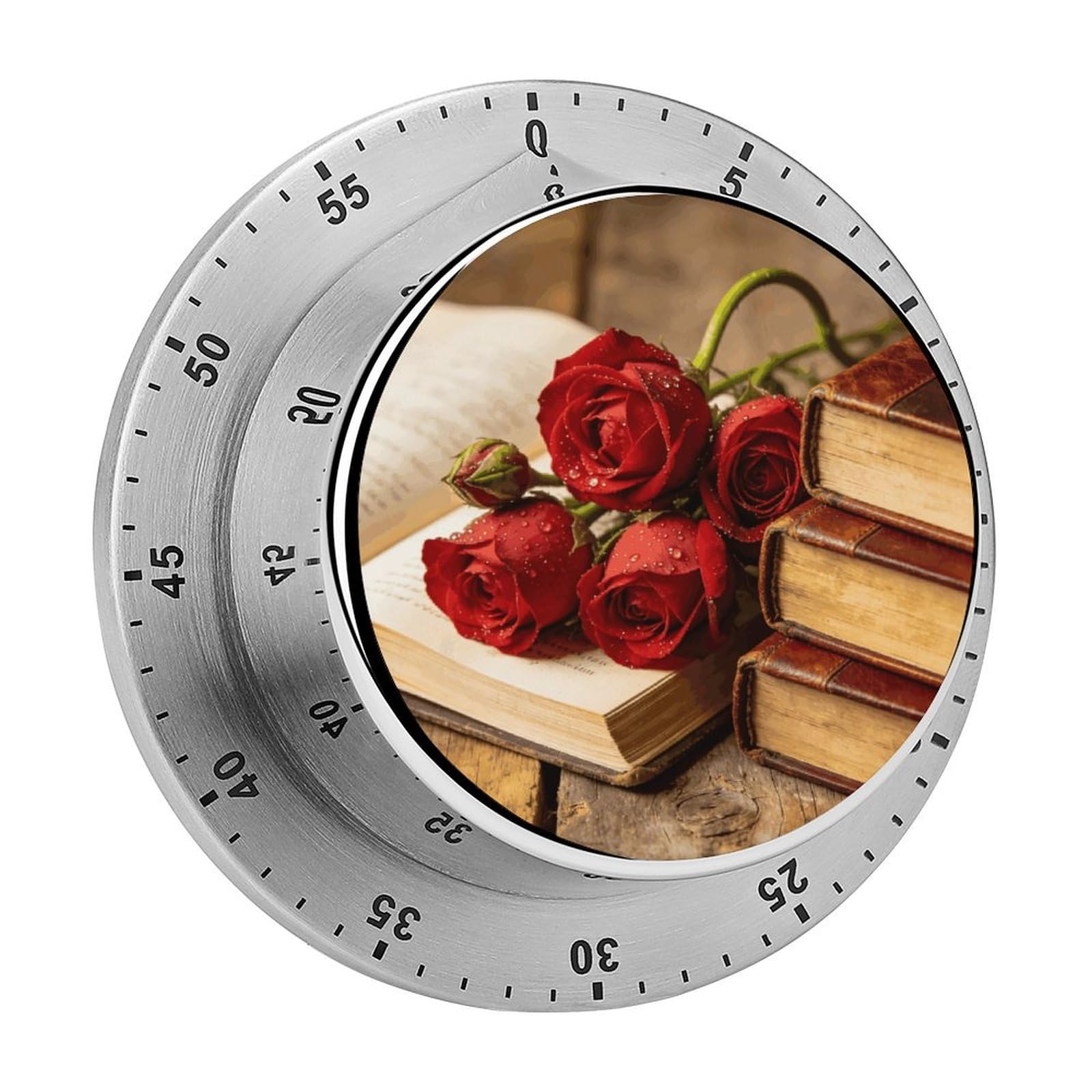 Book and Rose Timer Exquisite Stainless Steel Computer Timer with Loud Alarm, 60 Mins Mechanical Countdown Timer, Magnetic Backup