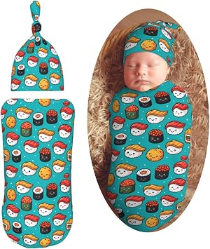 Funny Food Sushi Newborn Swaddle Blankets Hat Sets Soft Baby Receiving Blanket Swaddle Sack for Baby Shower Infant Boy Girl Gift