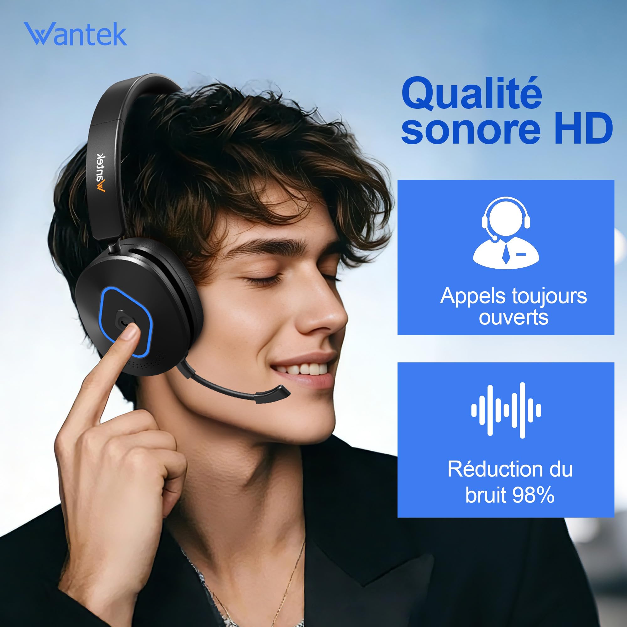 Wantek Casque sans Fil | Mode Double 2.4G/BT 6.0 | Autonomie 40h | Microphone Anti-Bruit | pour Télévision/Bureau/Réunions/Musique | Compatible avec PC/Téléphone/Teams
