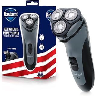 Barbasol Rechargeable Rotary Shaver with Stainless Steel Blades, Pop-Up Trimmer, Cordless Electric Razor for Close Shave, 45 Min Runtime