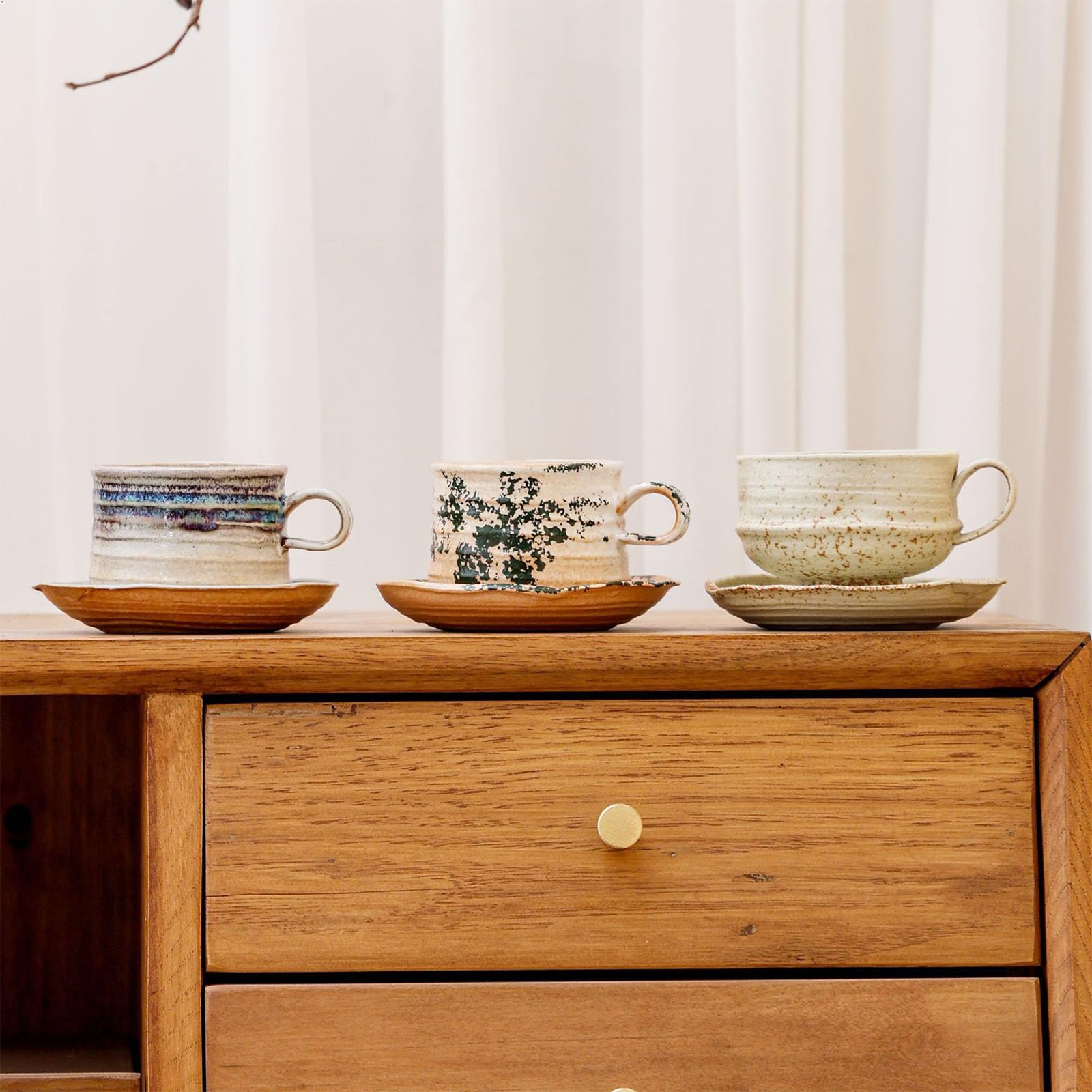 Tazas de café expreso de cerámica de 165ml con Mango de Madera, Tazas esmaltadas Retro Hechas a Mano con platillo, Ideales para té y café en casa y Oficina