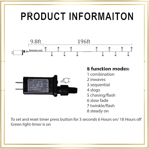 Miniatura 4 de Guirnalda de luces de Navidad para exteriores, 196 pies, 600 luces LED con 8 modos de iluminación, temporizador, decoraciones de Navidad