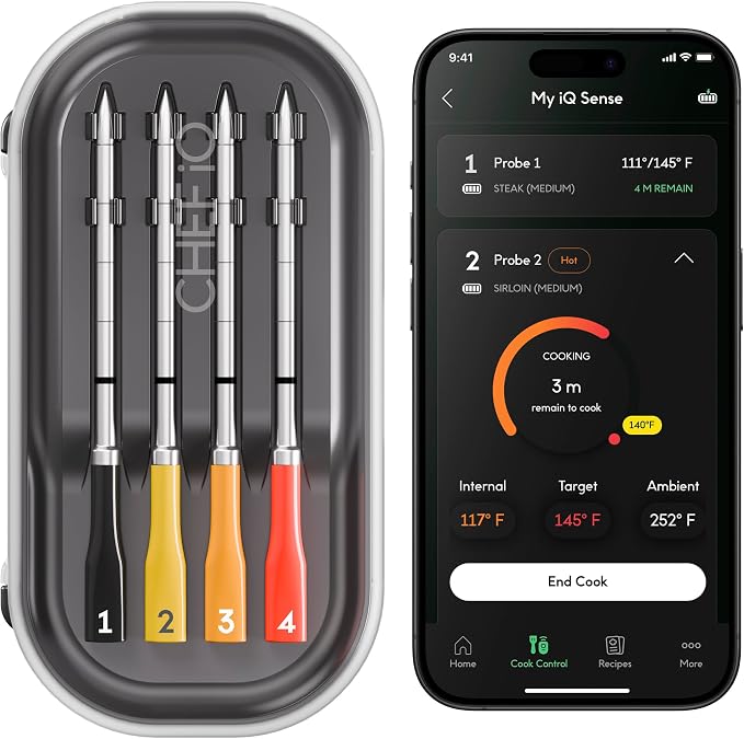 CHEF iQ Sense | Smart Wireless Meat Thermometer | 4 Ultra-Thin Probes | WiFi Unlimited Range | 1000°F Heat Safe | 5 Sensors | Bluetooth Food Thermometer for BBQ, Grill, Oven, Smoker, Air Fryer