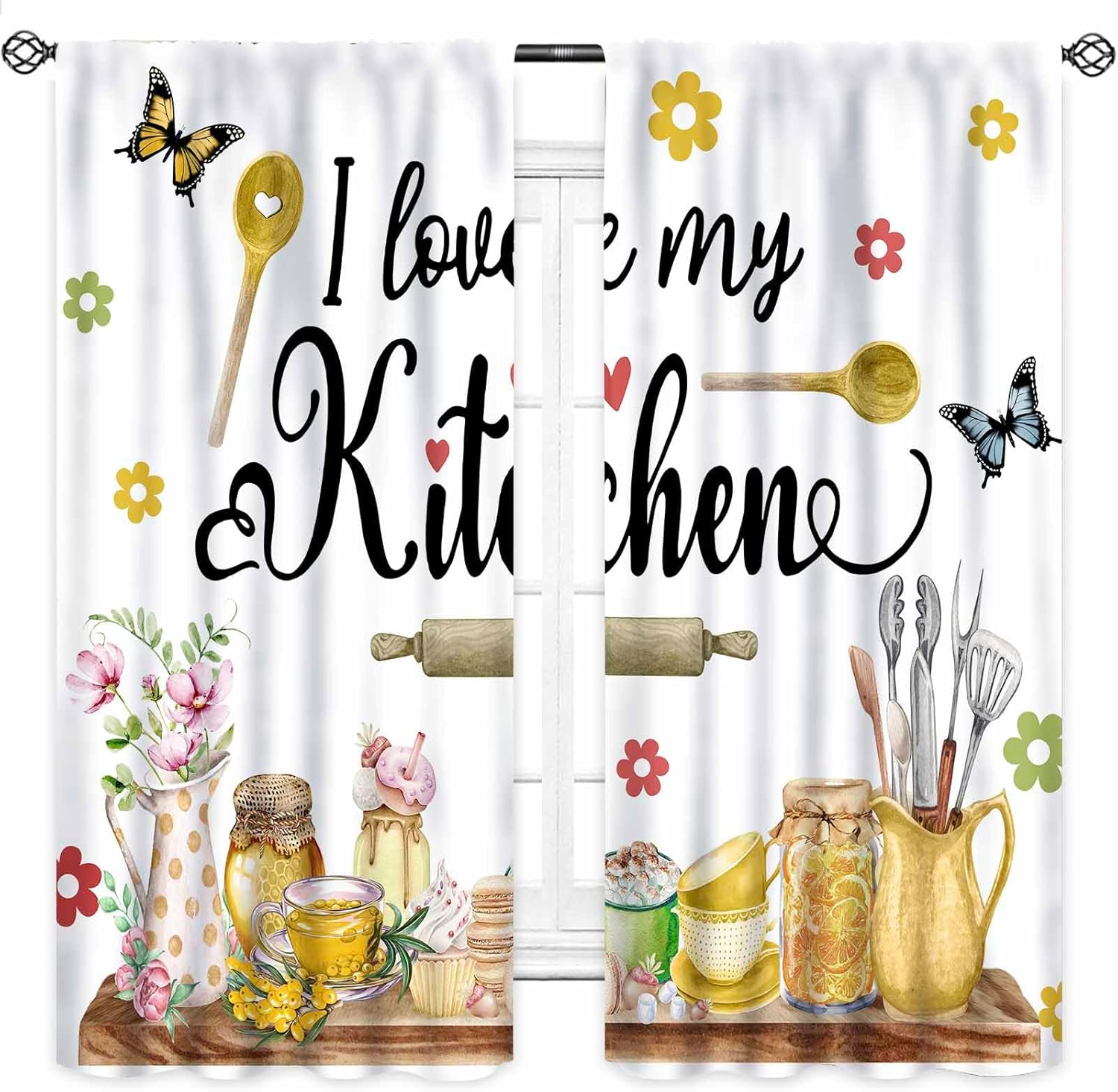 Farmhouse Kitchen Curtians,Rustic Vintage Cottage Fork and Spoon Cook Theme Retro Wood Board Country Bedroom Living Room Rod Pocket Treatment Drapes 2 Piece Set,84X84 Inch