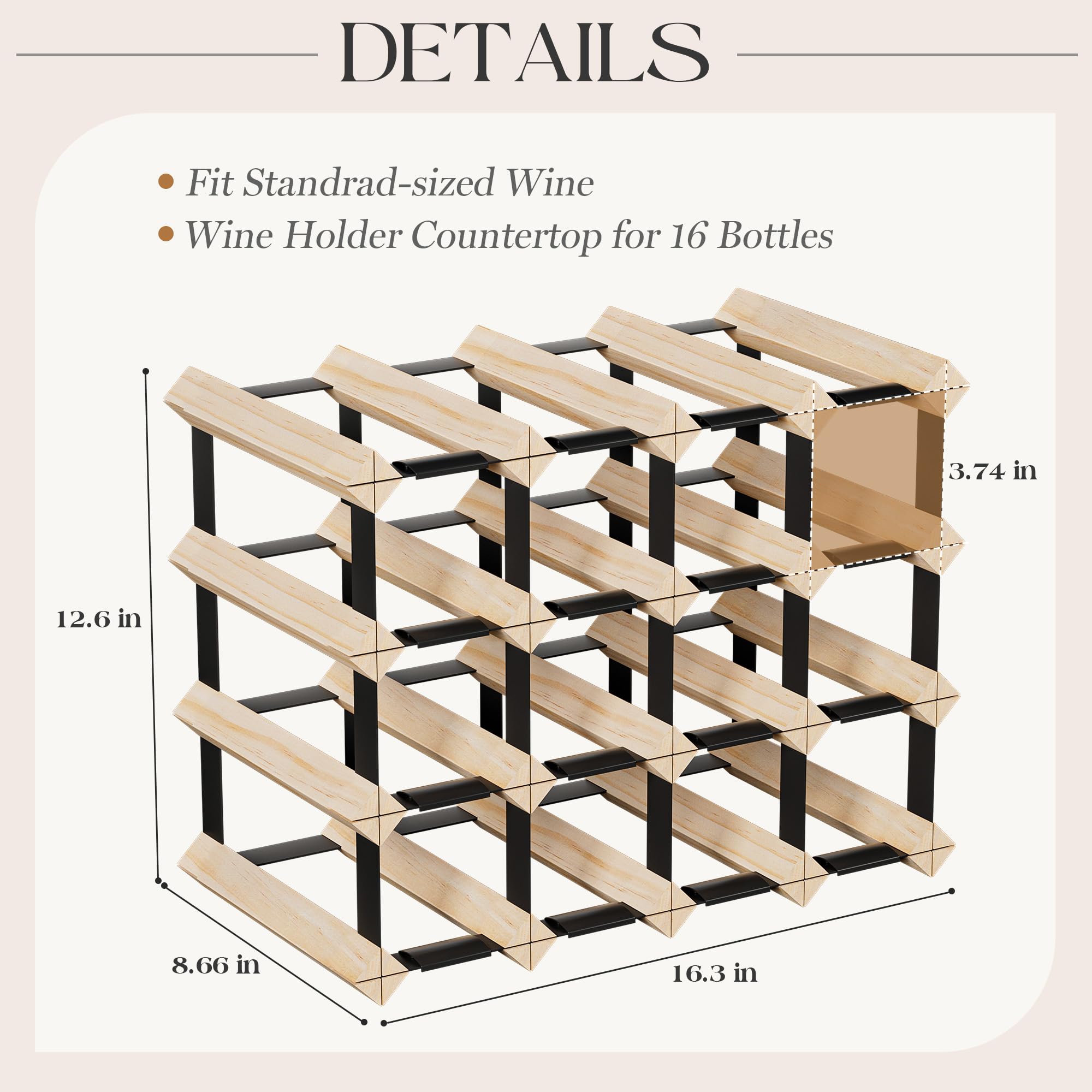 Urban Deco Weinregal Holz für 16 Flaschen, Stabiles Flaschenregal für Schrank, 41.4 x 22 x 32 cm, Weinregal Klein für Keller, Montage Erforderlich
