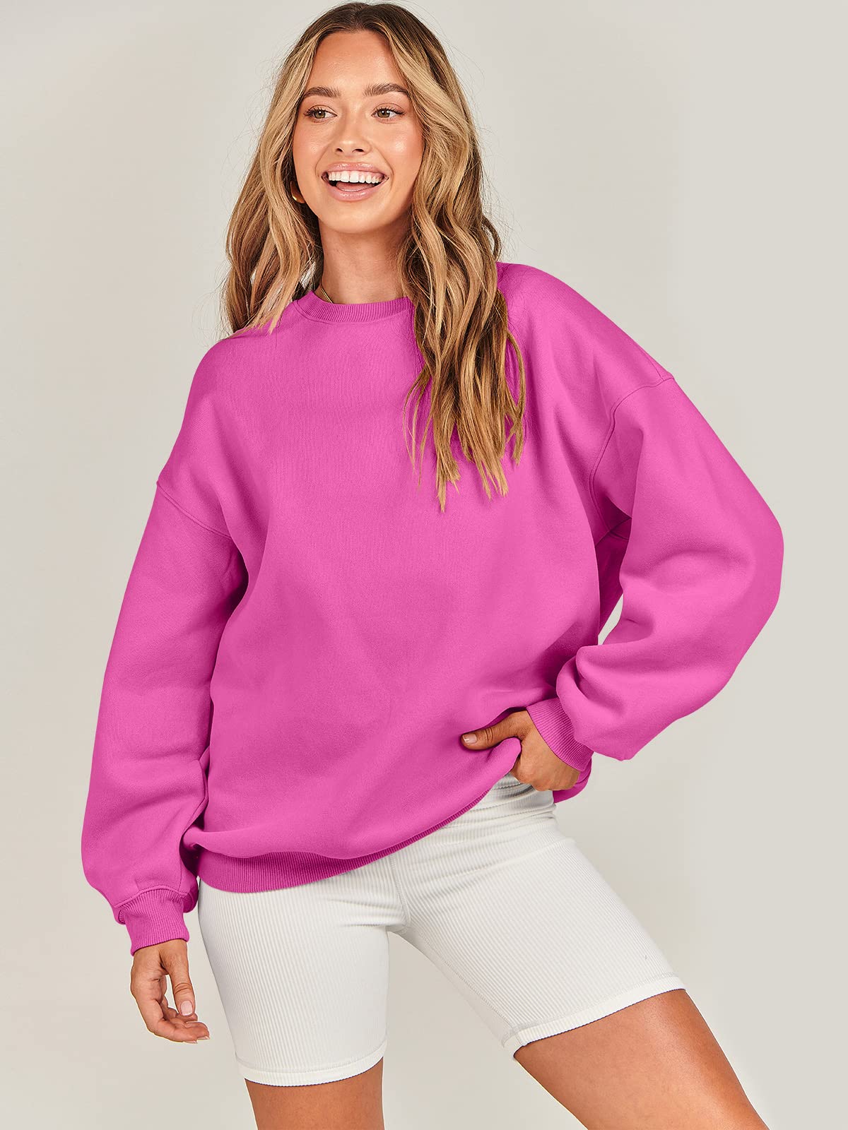 Damskie bluzy oversize bluzy z kapturem polar okrągły dekolt sweter top codzienne jesienne stroje preppy ubrania nastolatki 2024 A1019 światło, Jeden kolor, Pink_XL