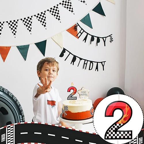 Vista 5 de Vela de cumpleaños de coche para pastel, dos velas con temática rápida número 2, decoración de fiesta de ruedas de coche de carreras