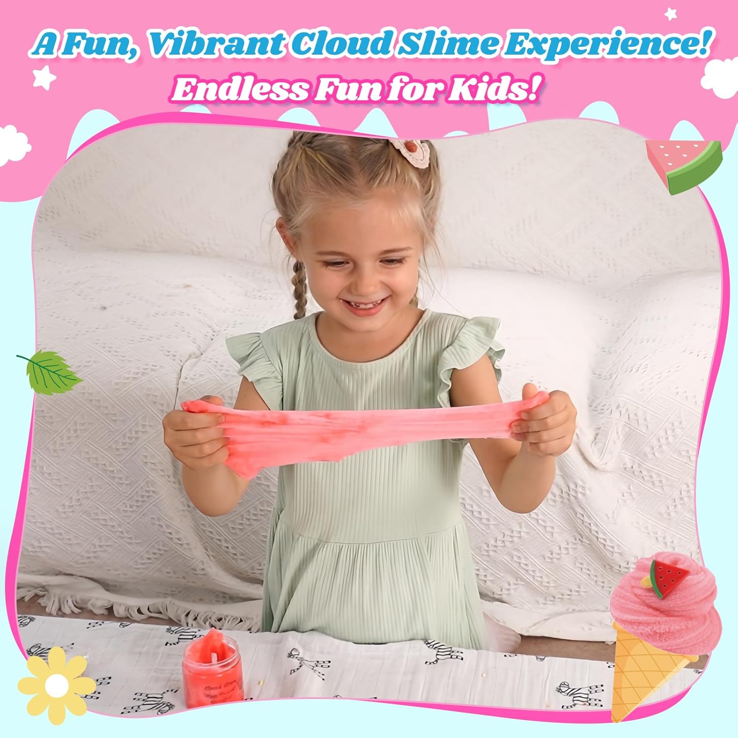 2 Pack Cloud Slime Kit with Red Watermelon and Mint Charms, Scented DIY Slime Supplies for Girls and Boys, Stress Relief Toy for Kids Education, Party Favor, Gift and Birthday