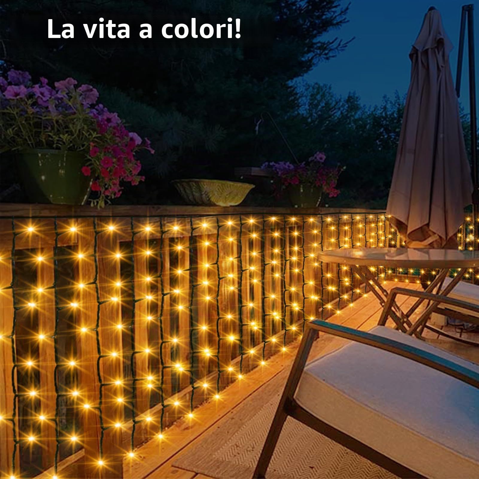 Tenda solare con luci 10 m x 1 m, 500 LED, con telecomando 8 modalità | Filo verde con luci per tenda da giardino, patio, recinzione, gazebo, decorazione (bianco caldo)