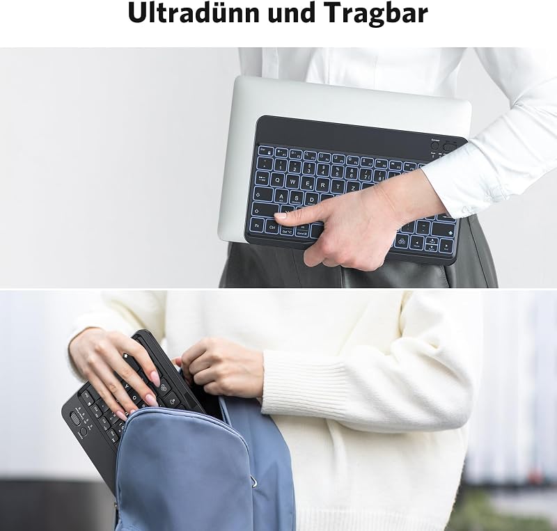 OMOTON Bluetooth Billentyűzet iPad iPhone Android Windows Telefonos Tartóval Háttérvilágítás Újratölthető QWERTZ