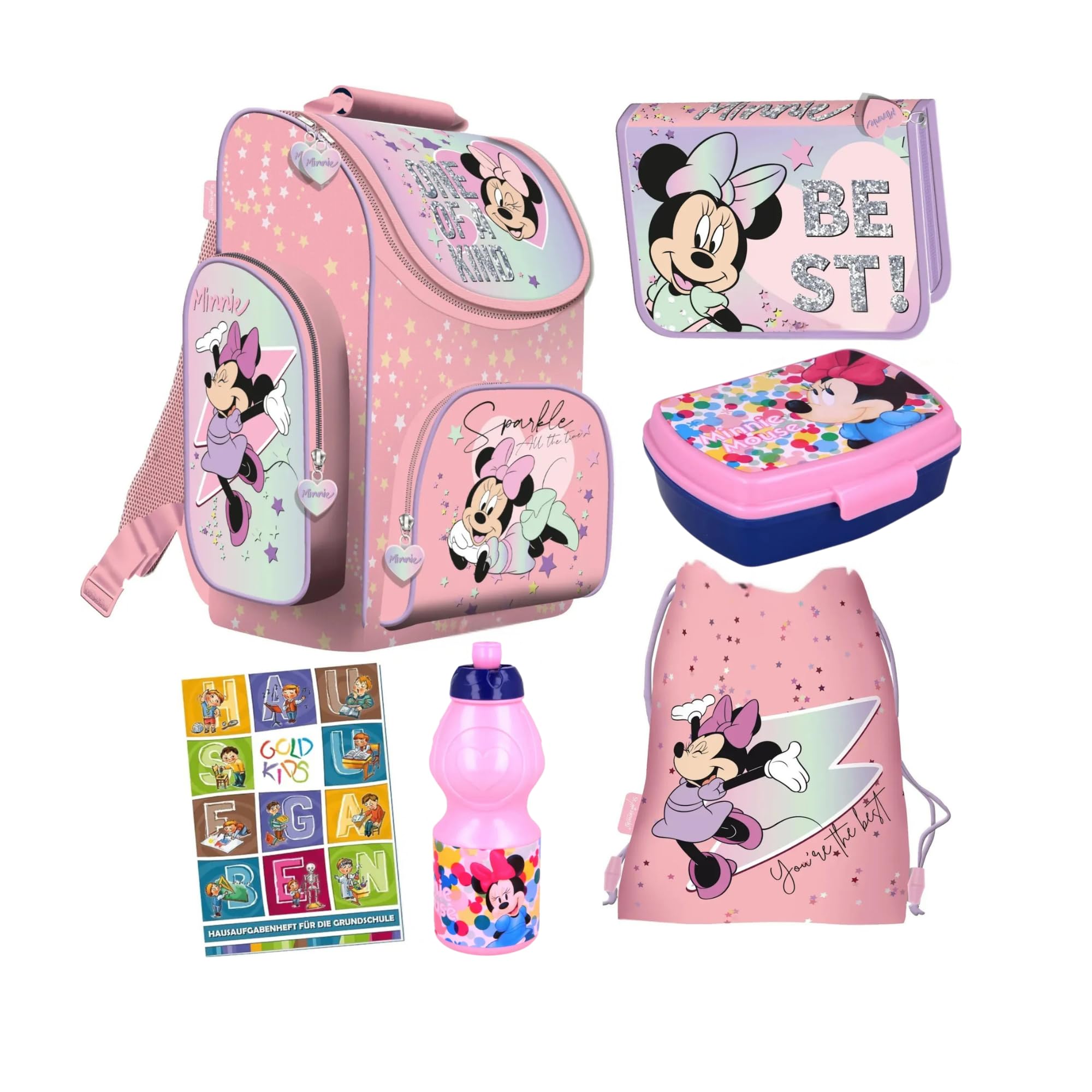 St. Majewski - Schulranzen für Jungen und Mädchen, 4/6/9/13er-Set - Schul-Rucksack für Kinder mit Federmäppchen - Schuhbeutel und Hausaufgabenheft - Minnie Motiv - 1-3 Klasse